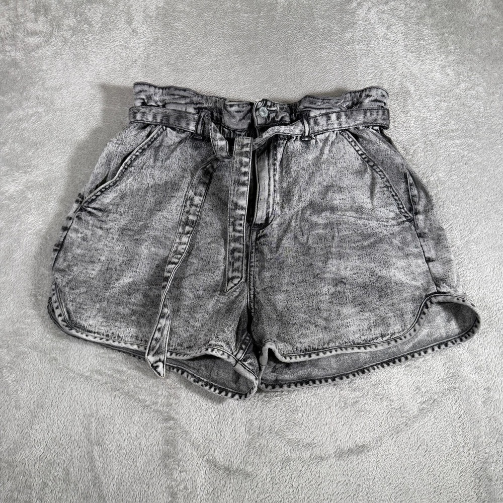 AllSaints Dale Paperbag Shorts Womens 31 Gray Denim High Rise Belted Relaxed